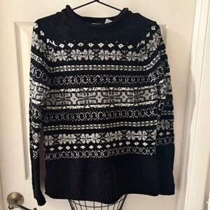 Vintage Fair Isle Chenille‎ Sweater Black White Grey Nordic Knit Pullover XL EUC